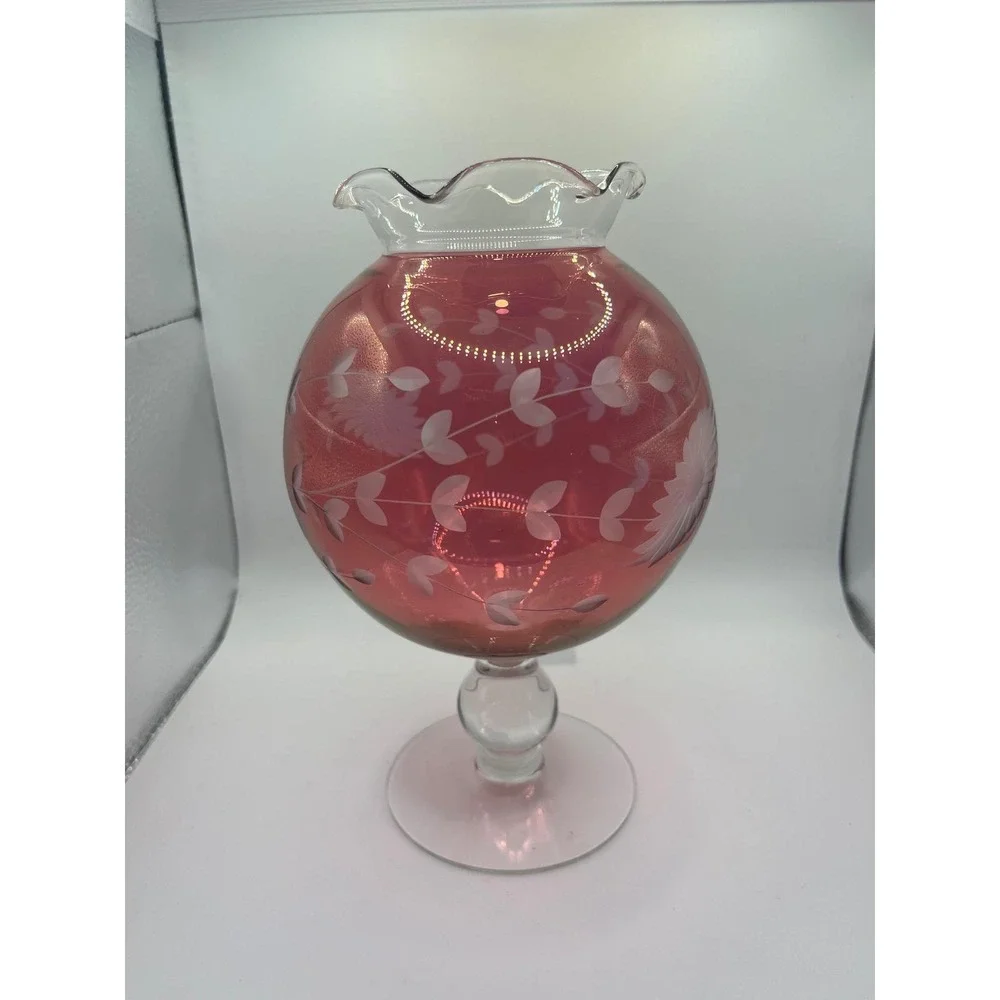 Vintage Cranberry‎ Etched Candleholder Ruffled Top